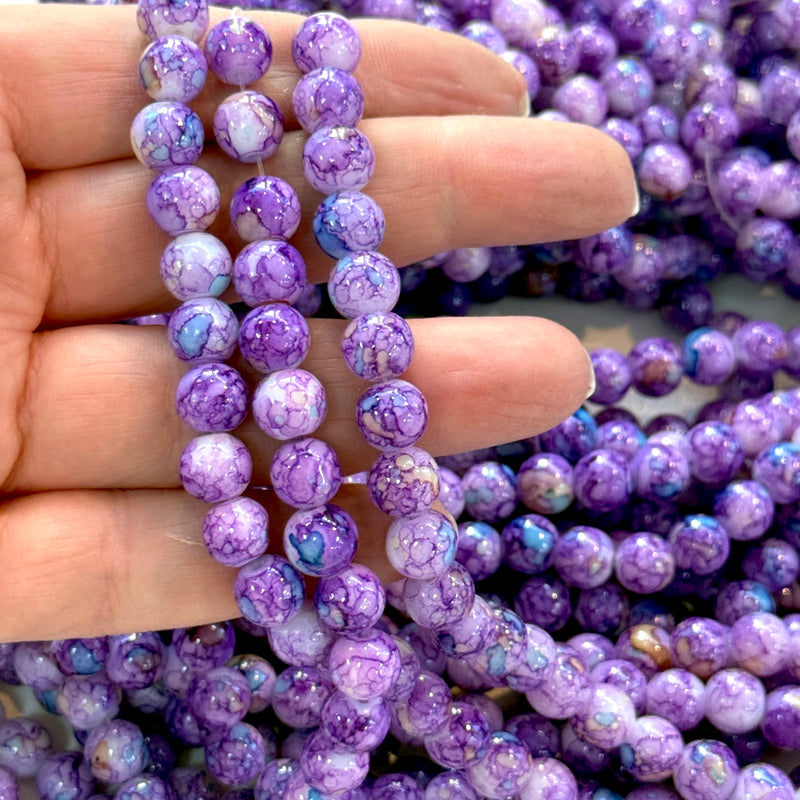 8mm Marbled glass beads, smooth round glass beads full strand 50 beads