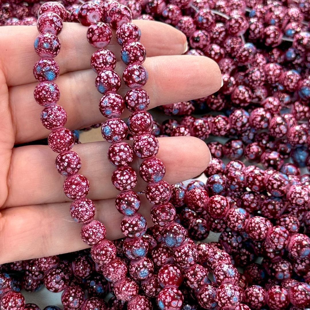 8mm Marbled glass beads, smooth round glass beads full strand 50 beads
