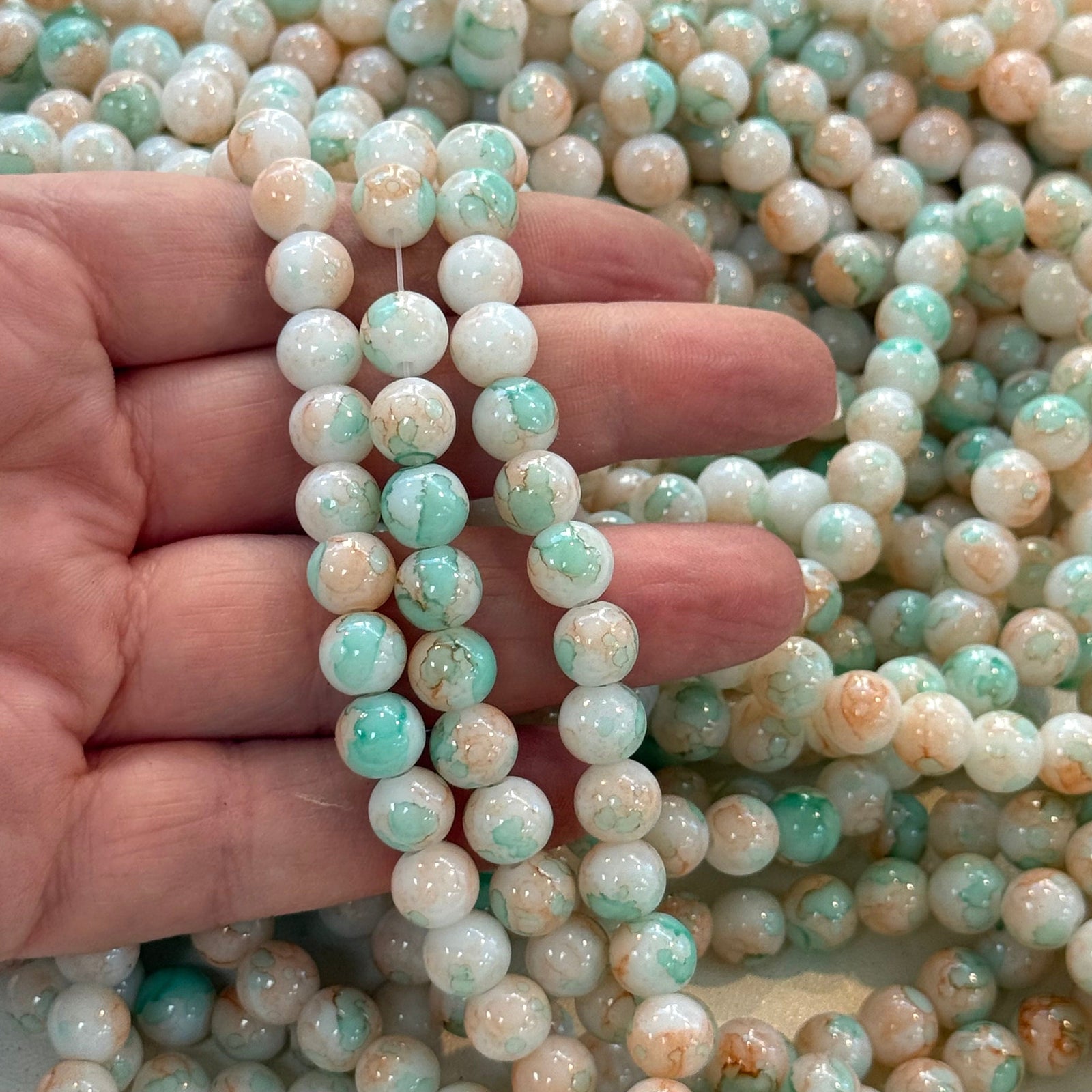 8mm Marbled glass beads, smooth round glass beads full strand 50 beads