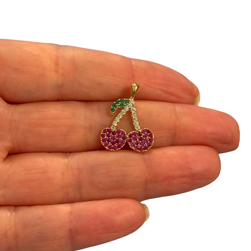24Kt Gold Plated Cherry Pendant – Red, Green & Clear CZ Stones, 21x16mm