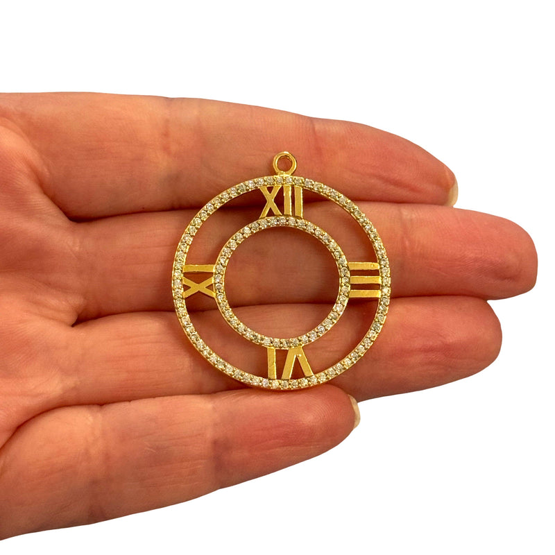 24Kt Gold Plated Roman Numeral Clock Face Pendant – CZ Circle Frame, 36x33mm