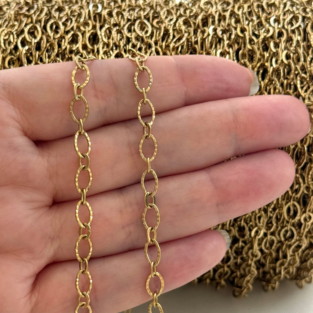 Waterproof 24Kt PVD Gold Plated 316L Stainless Steel Laser Decorated Long &amp; Short Oval Link Chain by the Metre, 7.5×5mm