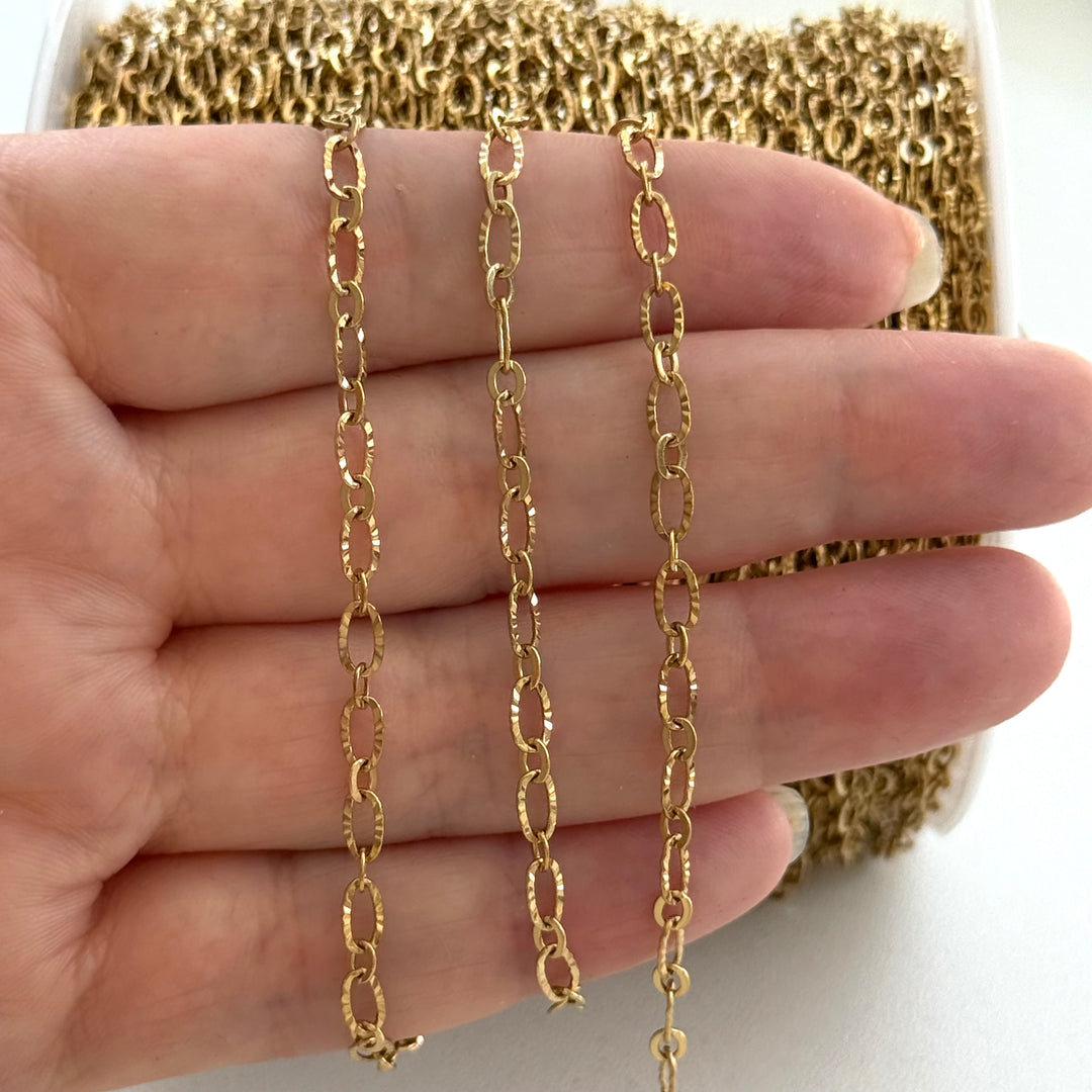 Waterproof 24Kt PVD Gold Plated 316L Stainless Steel Laser Decorated Long &amp; Short Oval Link Chain by the Metre, 5.5×3.5mm