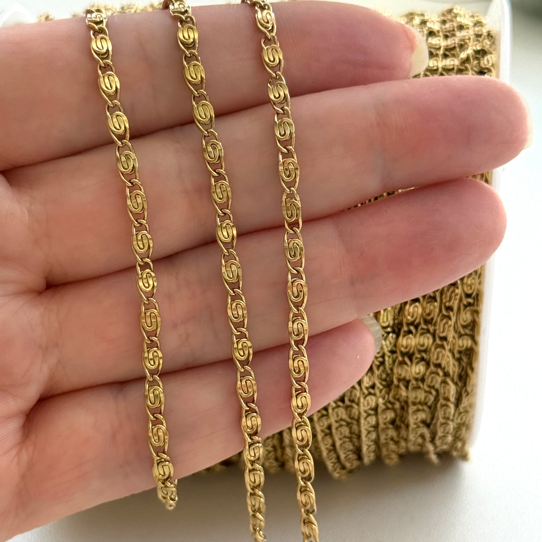 Waterproof 24Kt PVD Gold Plated 316L Stainless Steel Decorative Scroll Link Chain by the Metre, 6×3mm