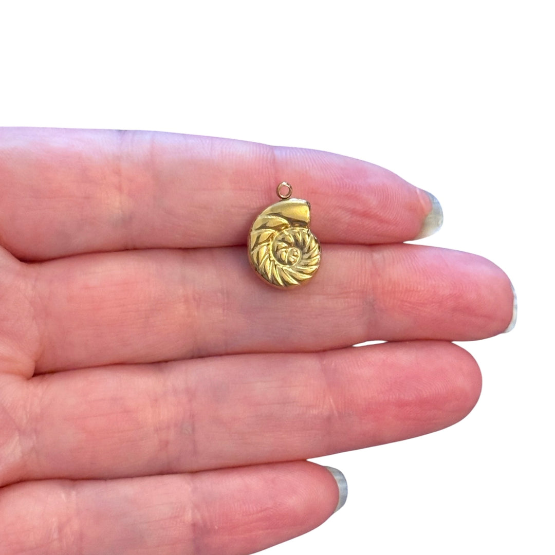 Waterproof 24Kt PVD Gold Plated 316L Stainless Steel Nautilus Shell Pendant, Double Sided, 16mm