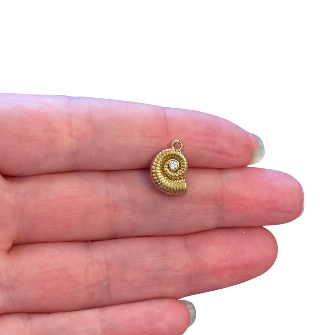 Waterproof 24Kt PVD Gold Plated 316L Stainless Steel 3D Nautilus Shell Pendant with Cubic Zirconia, 14×9mm