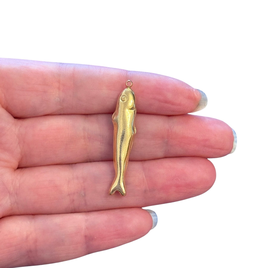 Waterproof 24Kt PVD Gold Plated 316L Stainless Steel 3D Fish Pendant, 36×9mm