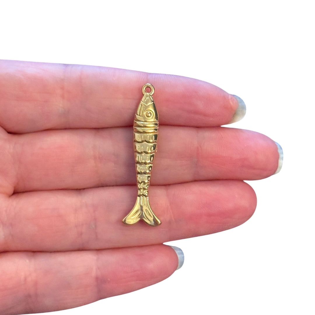 Waterproof 24Kt PVD Gold Plated 316L Stainless Steel 3D Fish Pendant, 37×7mm
