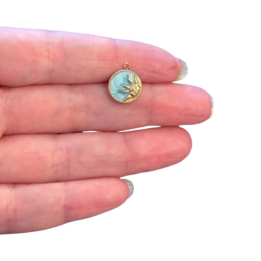 Waterproof 24Kt PVD Gold Plated 316L Stainless Steel Sun Coin Pendant with Blue Enamel, 14×11mm