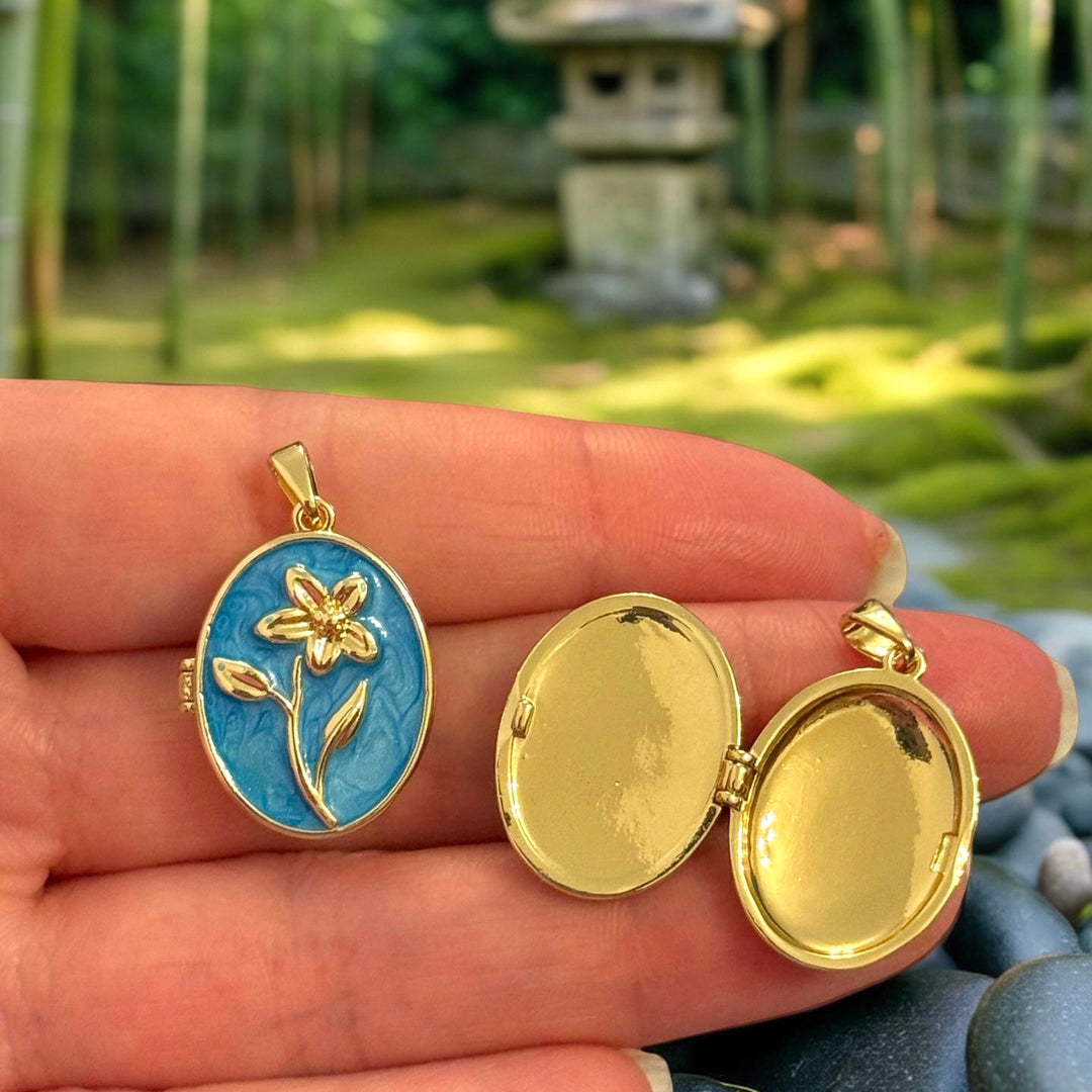 24Kt Gold Plated Blue Enamel Lily Oval Locket Pendant