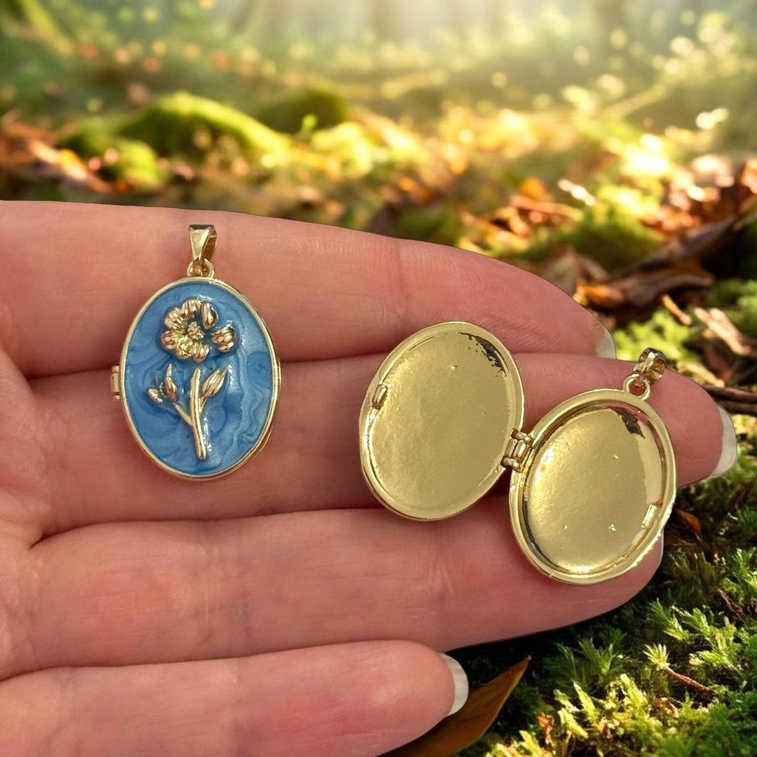 24Kt Gold Plated Blue Enamel Wildflower Oval Locket Pendant