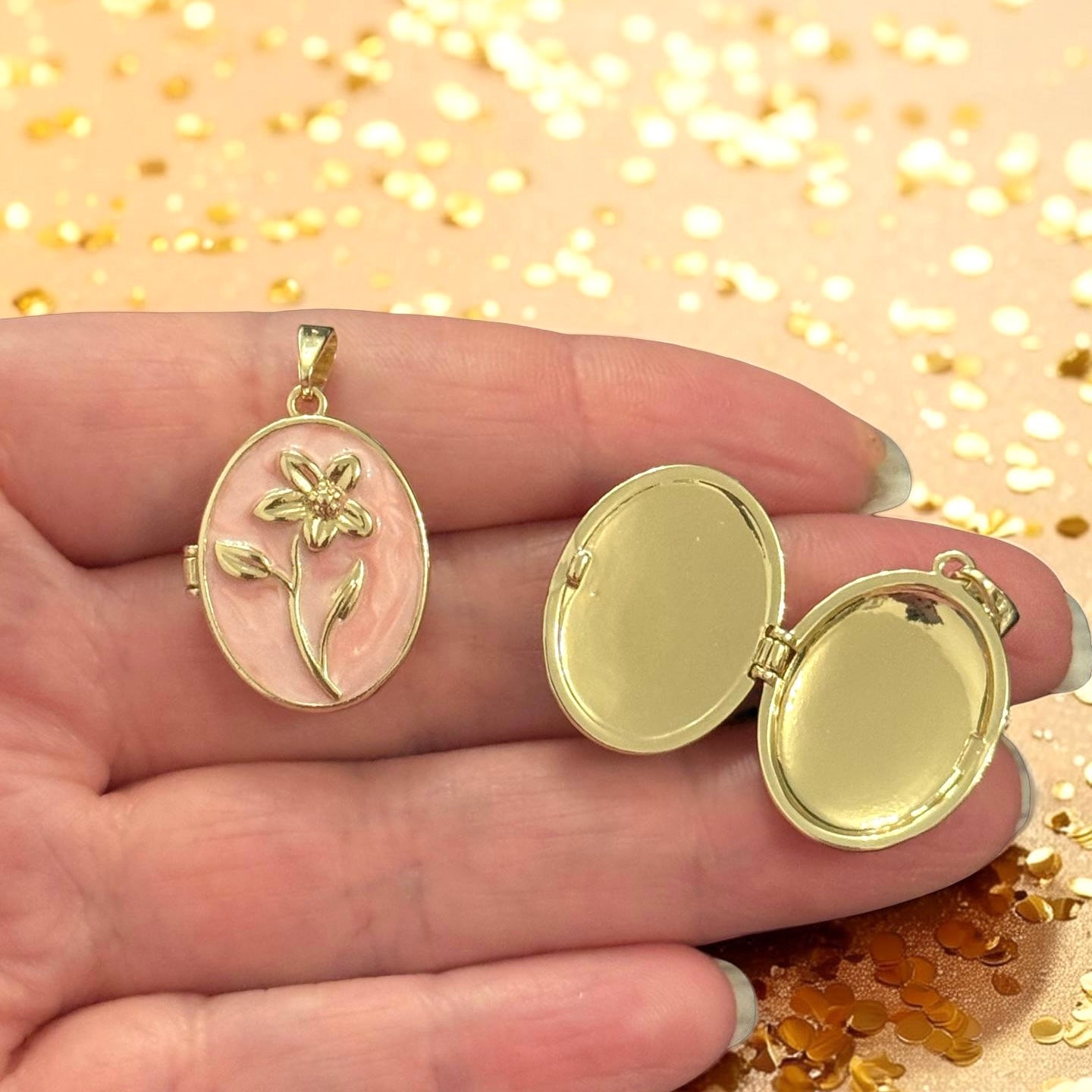 24Kt Gold Plated Blush Pink Enamel Lily Oval Locket Pendant