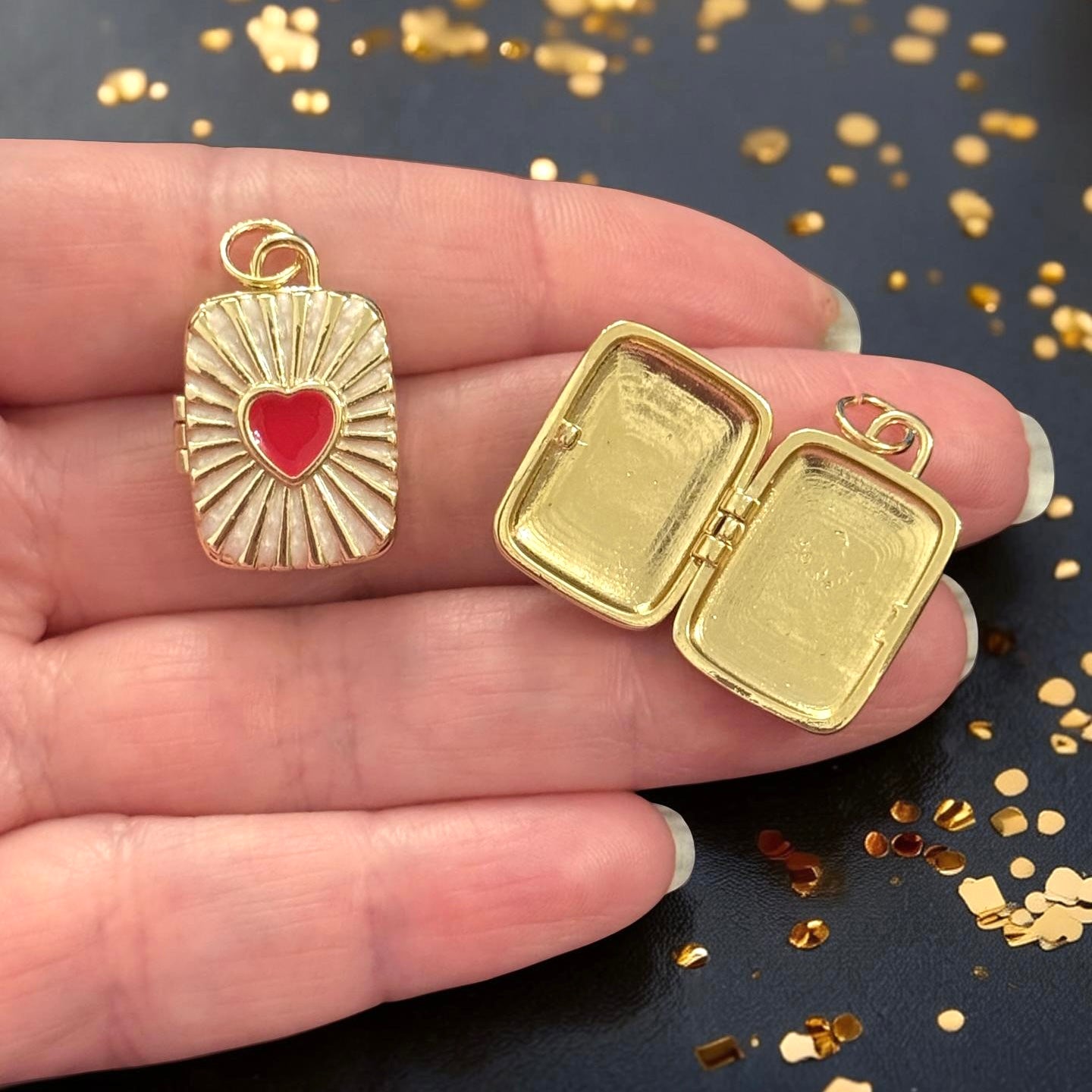 24Kt Gold Plated Red Enamel Heart Sunburst Rectangular Locket Pendant