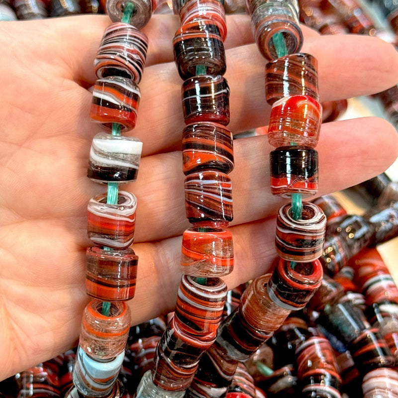 Traditional Turkish Artisan Handmade Cylinder Glass Beads, Large Hole Glass Beads, 10 Beads in a pack