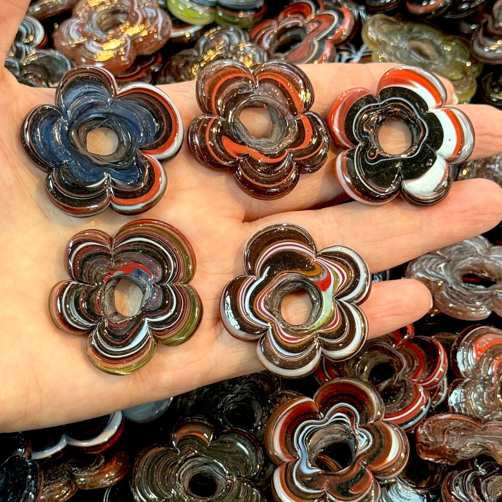 Artisan Handmade Chunky Marbled Glass Flower Beads, Size Between 35 - 40mm, 5 pcs in a pack
