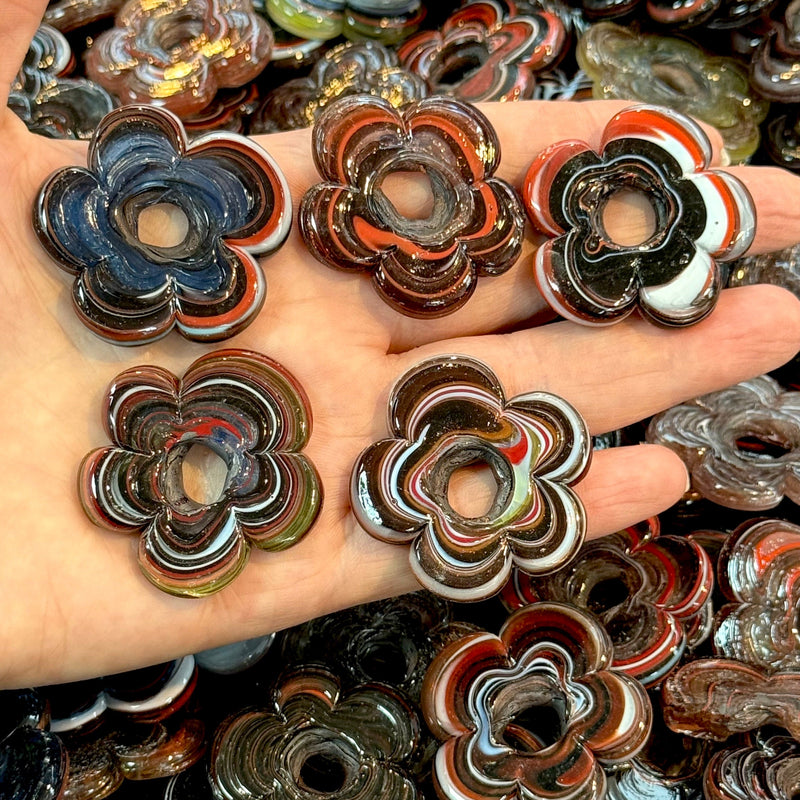 Artisan Handmade Chunky Marbled Glass Flower Beads, Size Between 35 - 40mm, 5 pcs in a pack