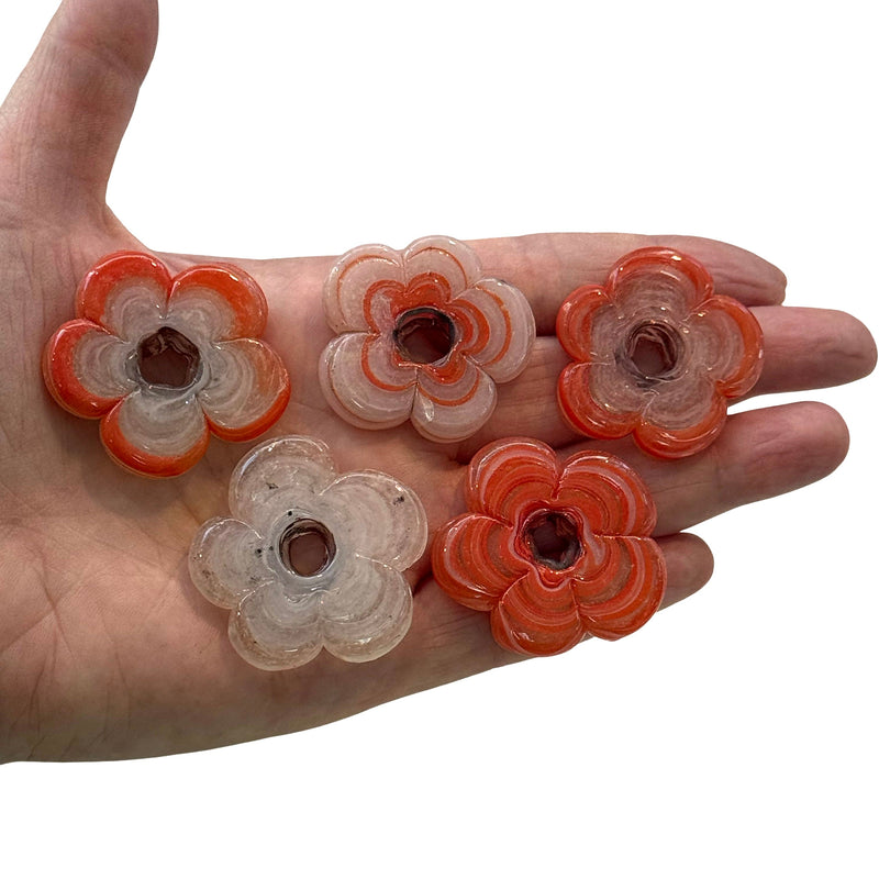 Artisan Handmade Grobstämmige Blumenperlen aus marmoriertem Glas, Größe zwischen 35 - 40 mm, 5 Stück in einer Packung