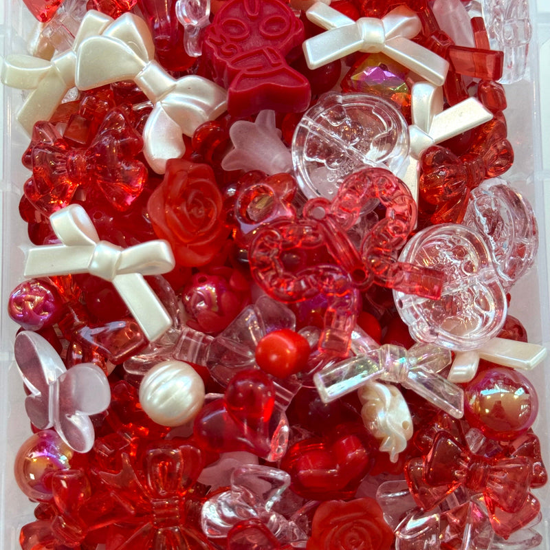 Red & Clear Phone Lanyard Bead Mix – 50g Assorted Bows, Hearts and Charms