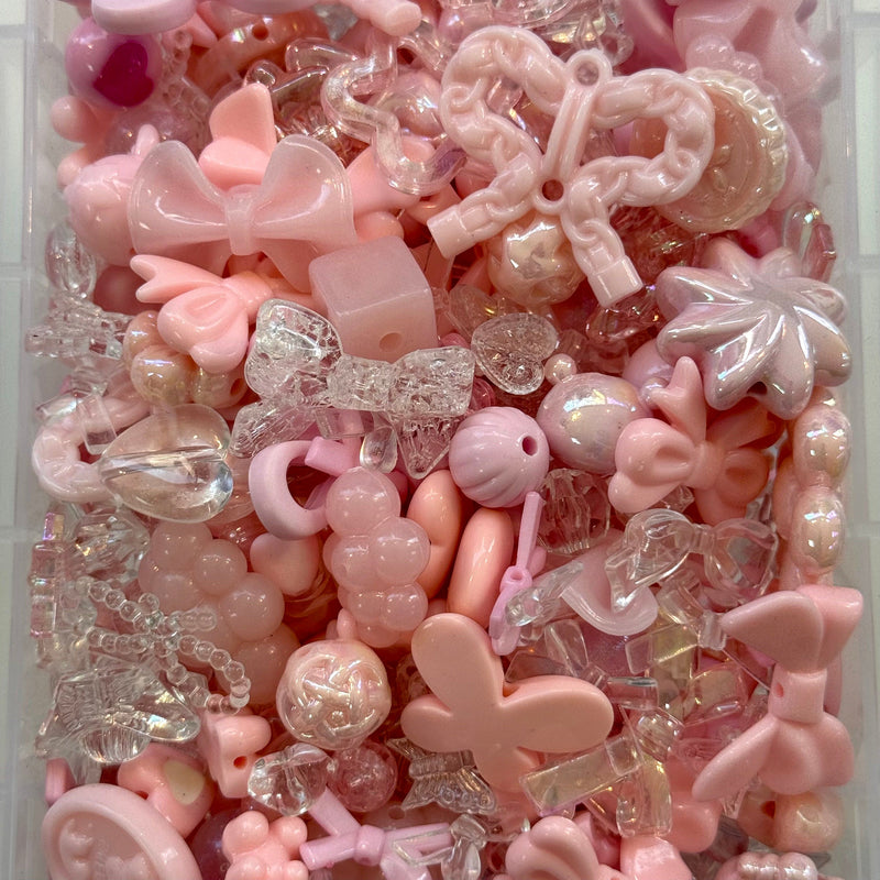 Pastel Pink & Clear Phone Lanyard Bead Mix – 50g Assorted Bows, Charms & Cuties