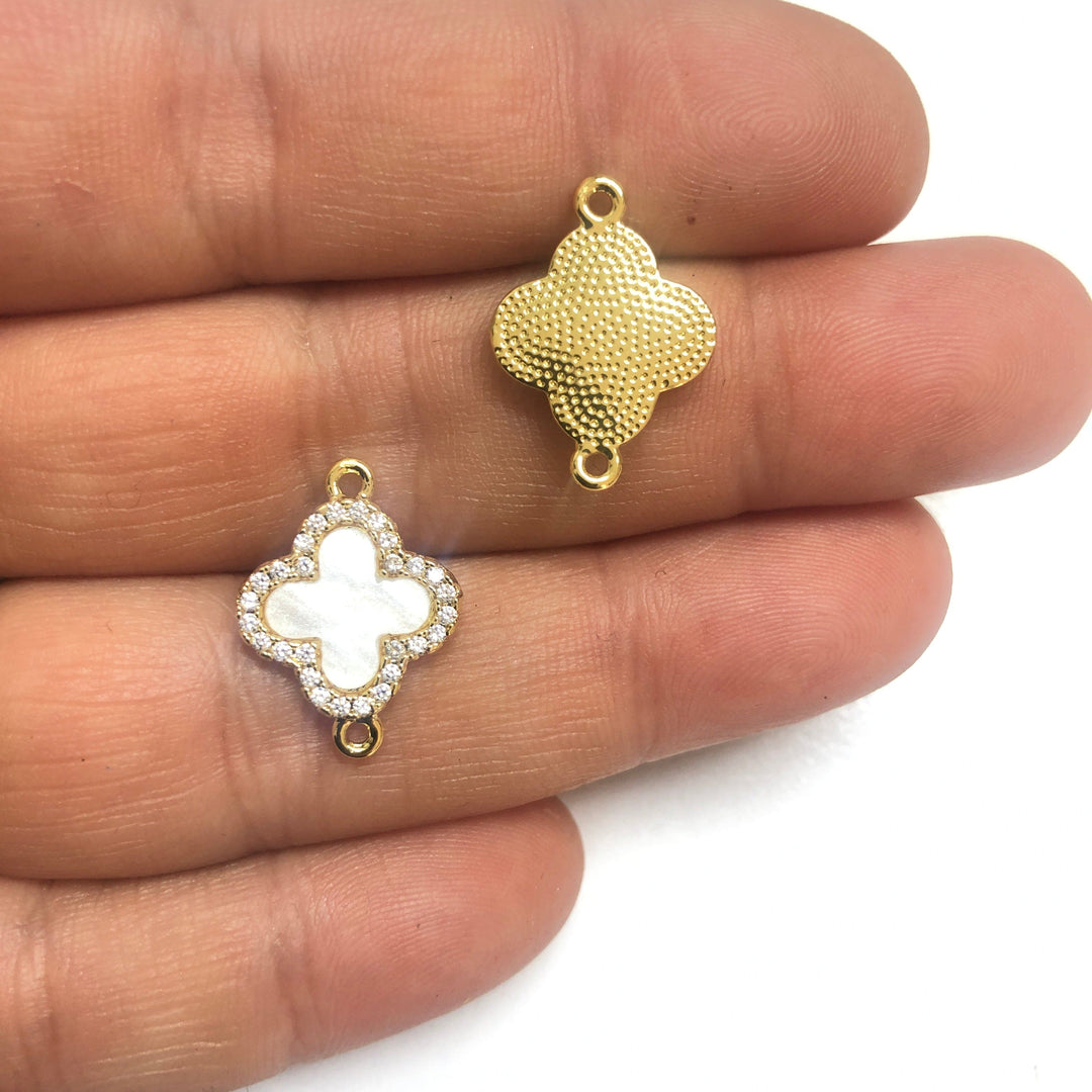 24Kt Gold Plated Mother of Pearl CZ Clover Connector Charm