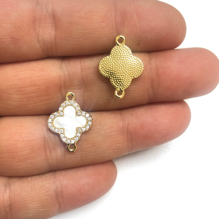 24Kt Gold Plated Mother of Pearl CZ Clover Connector Charm