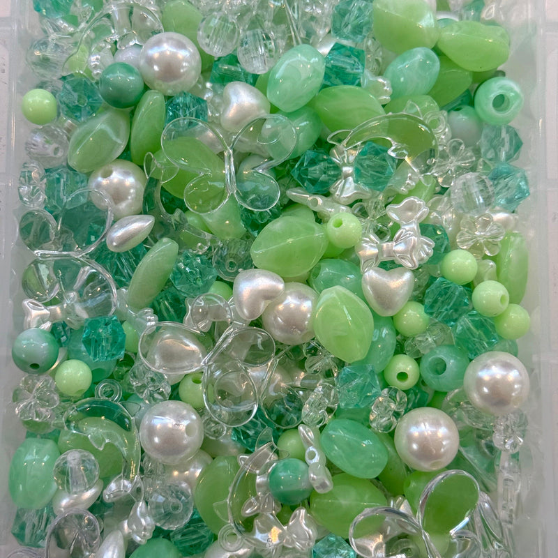 Mint Green & Pearl Bead Mix – 50g Assorted Bows, Hearts & Acrylic Charms
