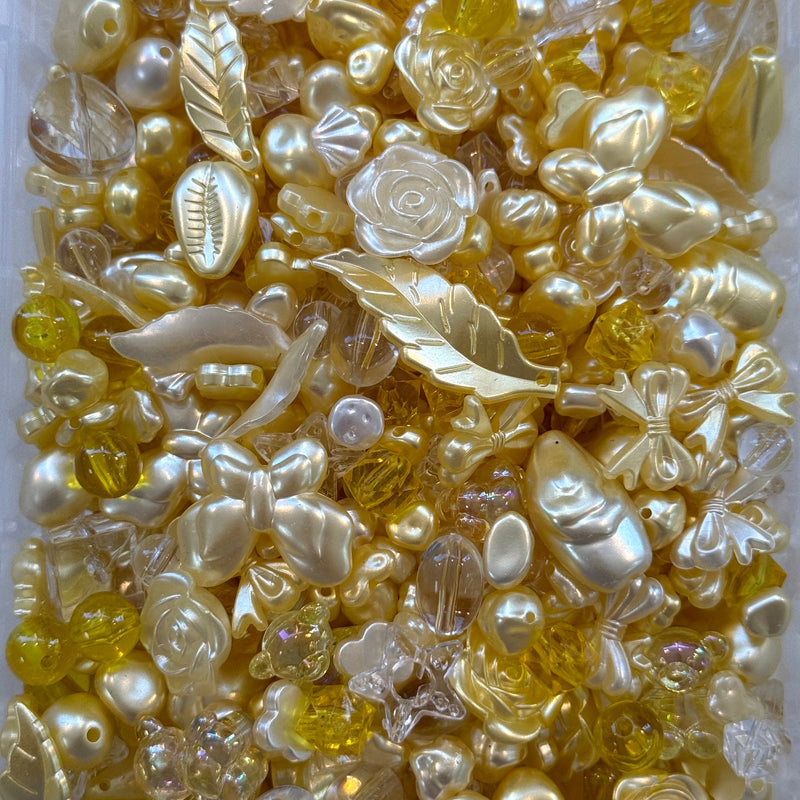 Golden Pearl & Yellow Bead Mix – 50g Assorted Bows, Florals & Acrylic Charms