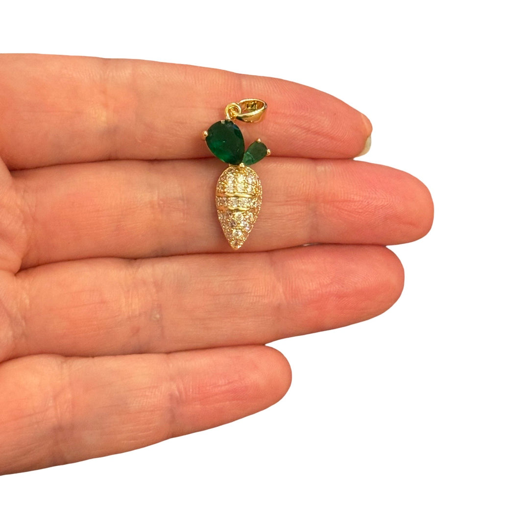 24Kt Gold Plated Pavé CZ Carrot Pendant with Green Crystal Leaves  or
