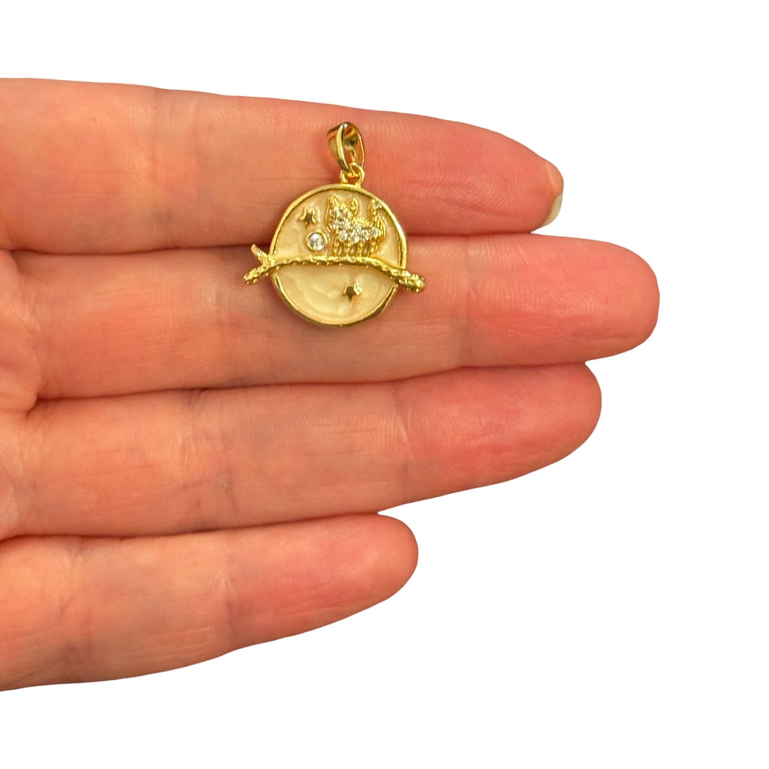 Moon &amp; Cat Pendant – 24Kt Gold Plated Ivory Enamel Pendant with Cubic Zirconia