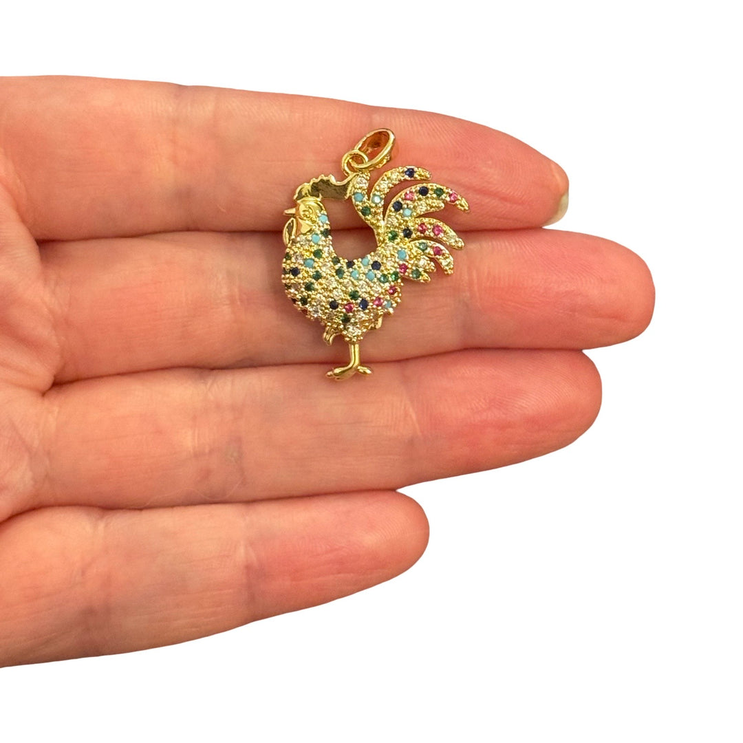Rooster Pendant – 24Kt Gold Plated Multicolour Cubic Zirconia Rooster Charm