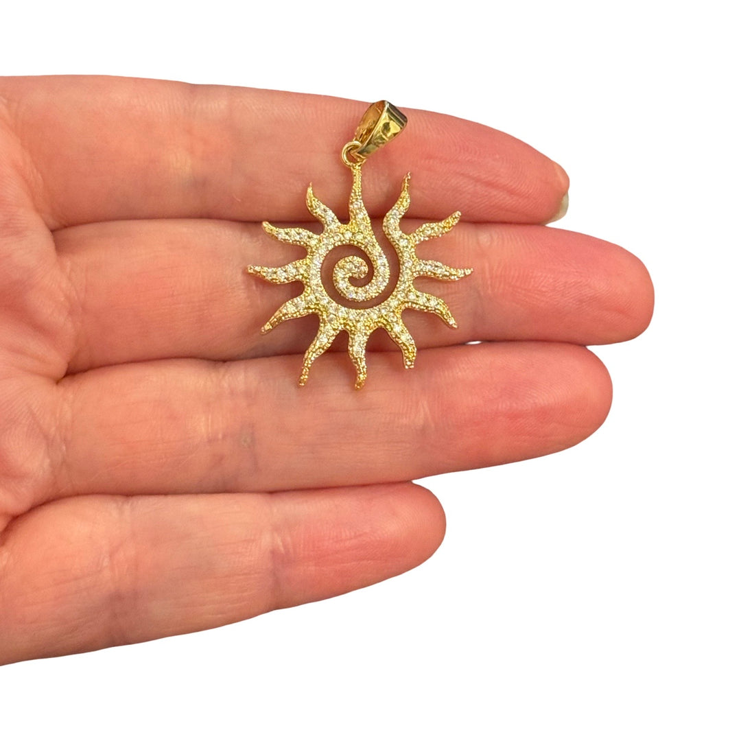 Sun Pendant – 24Kt Gold Plated Cubic Zirconia Sun Charm, Celestial Statement Pendant