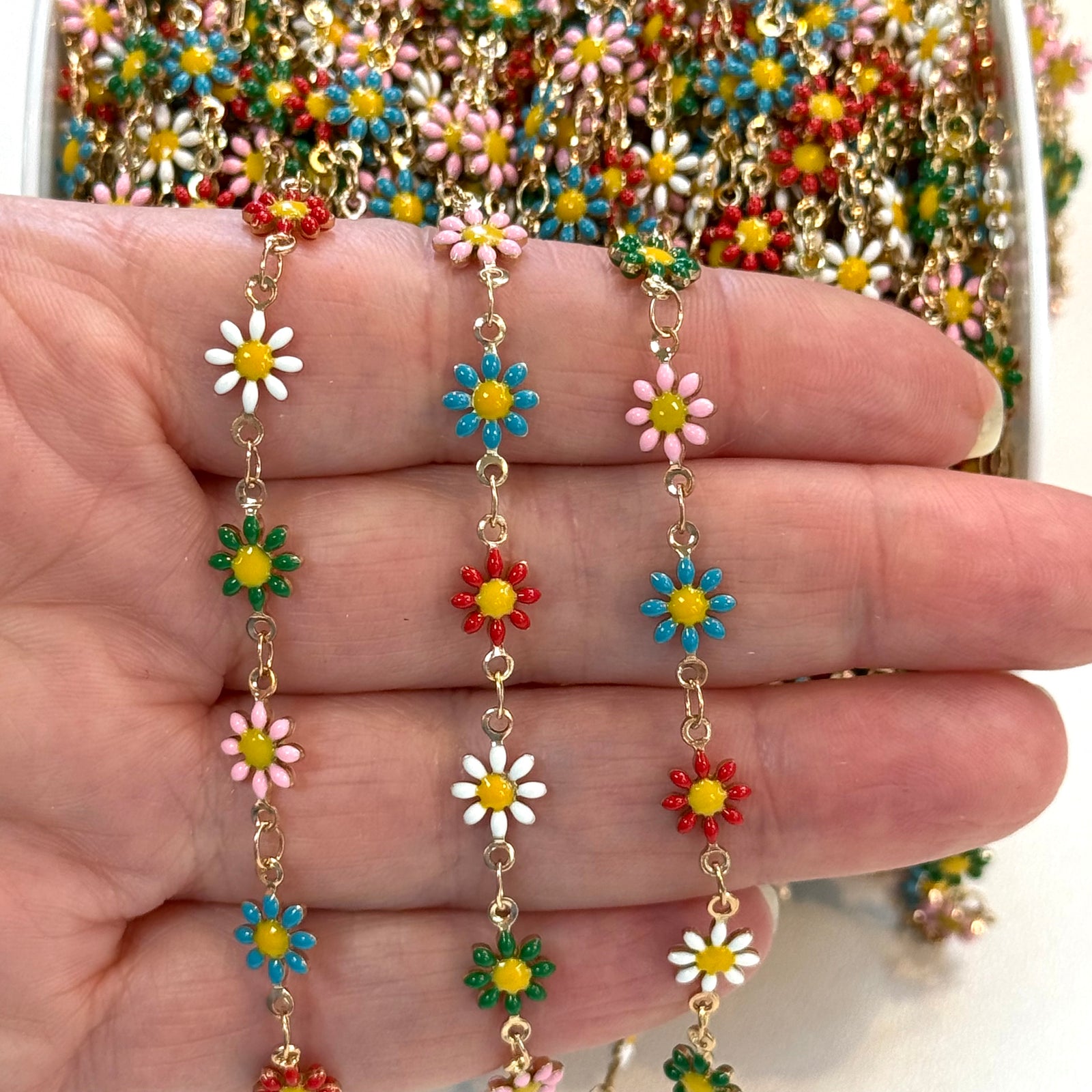 Multicolor Daisy Rosary Chain, 24Kt Gold Plated Double Sided Rosary Chain