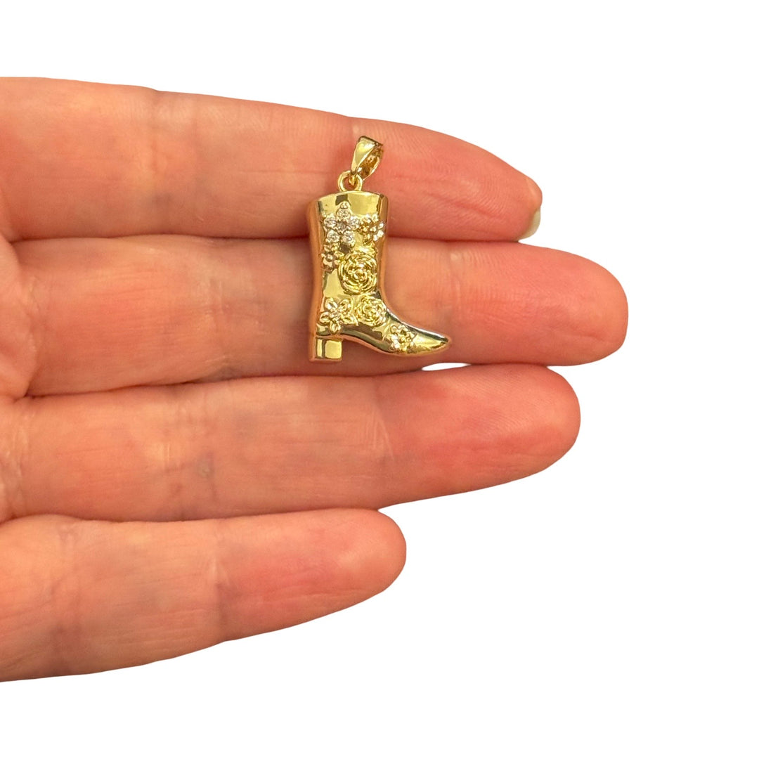 Floral Cowboy Boot Pendant – 24Kt Gold Plated CZ Western Boot Charm, Country Boot Pendant