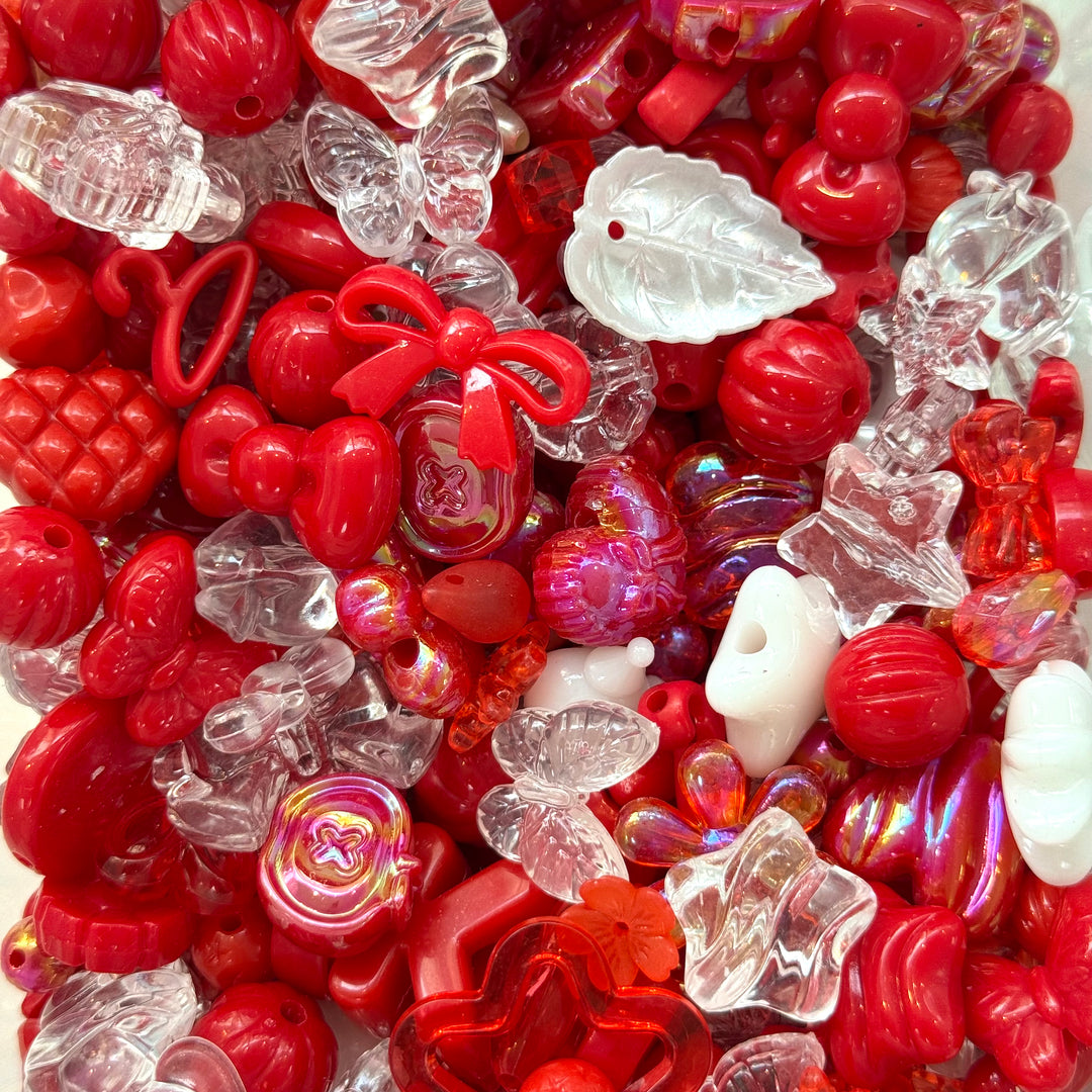 Red &amp; Clear Phone Lanyard Bead Mix – 50g Assorted Bows, Hearts and Charms