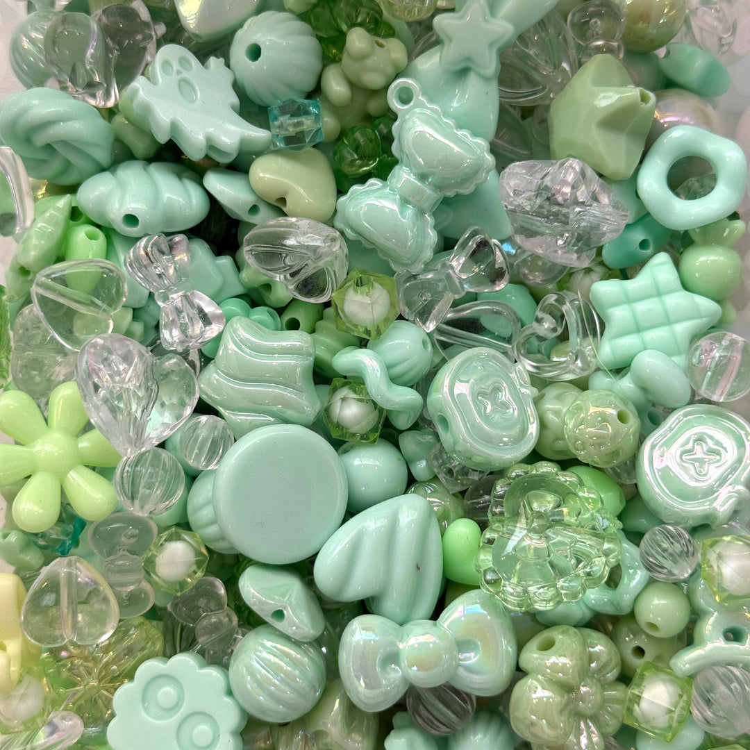 Mint Green Bead Mix – 50g Assorted Bows, Hearts &amp; Acrylic Charms