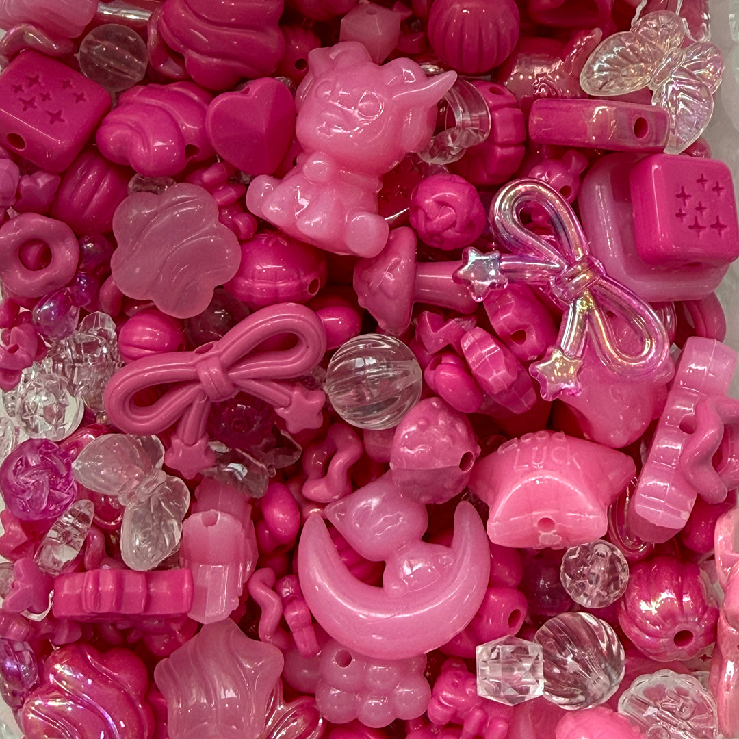 Fuchsia &amp; Clear Phone Lanyard Bead Mix – 50g Assorted Bows, Charms &amp; Cuties
