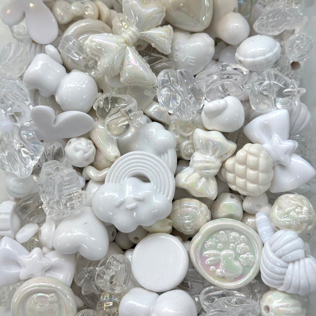 White Bead Mix – 50g Assorted Bows, Florals &amp; Acrylic Charms