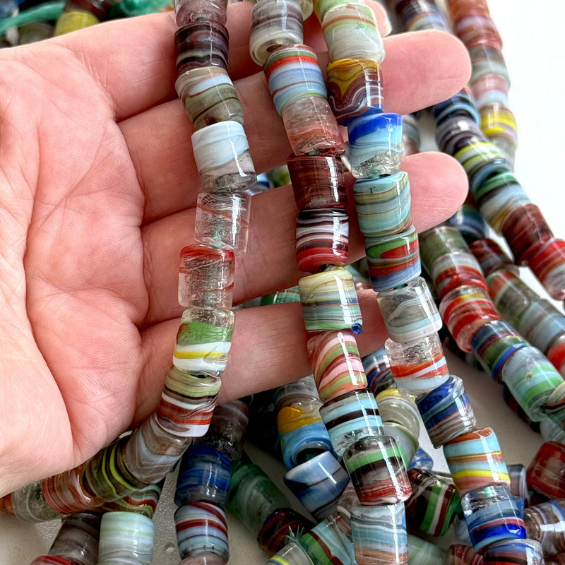 Traditional Turkish Artisan Handmade Cylinder Glass Beads, Large Hole Glass Beads, 10 Beads in a pack