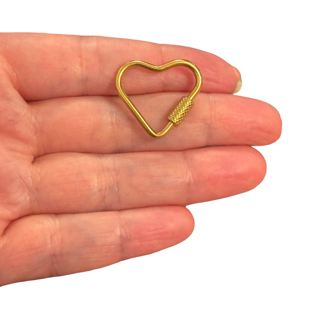 Waterproof 24Kt PVD Gold Plated 316L Stainless Steel Heart Screw Lock Carabiner Clasp Connector – Hypoallergenic Necklace &amp; Bracelet Clasp, 25x22mm