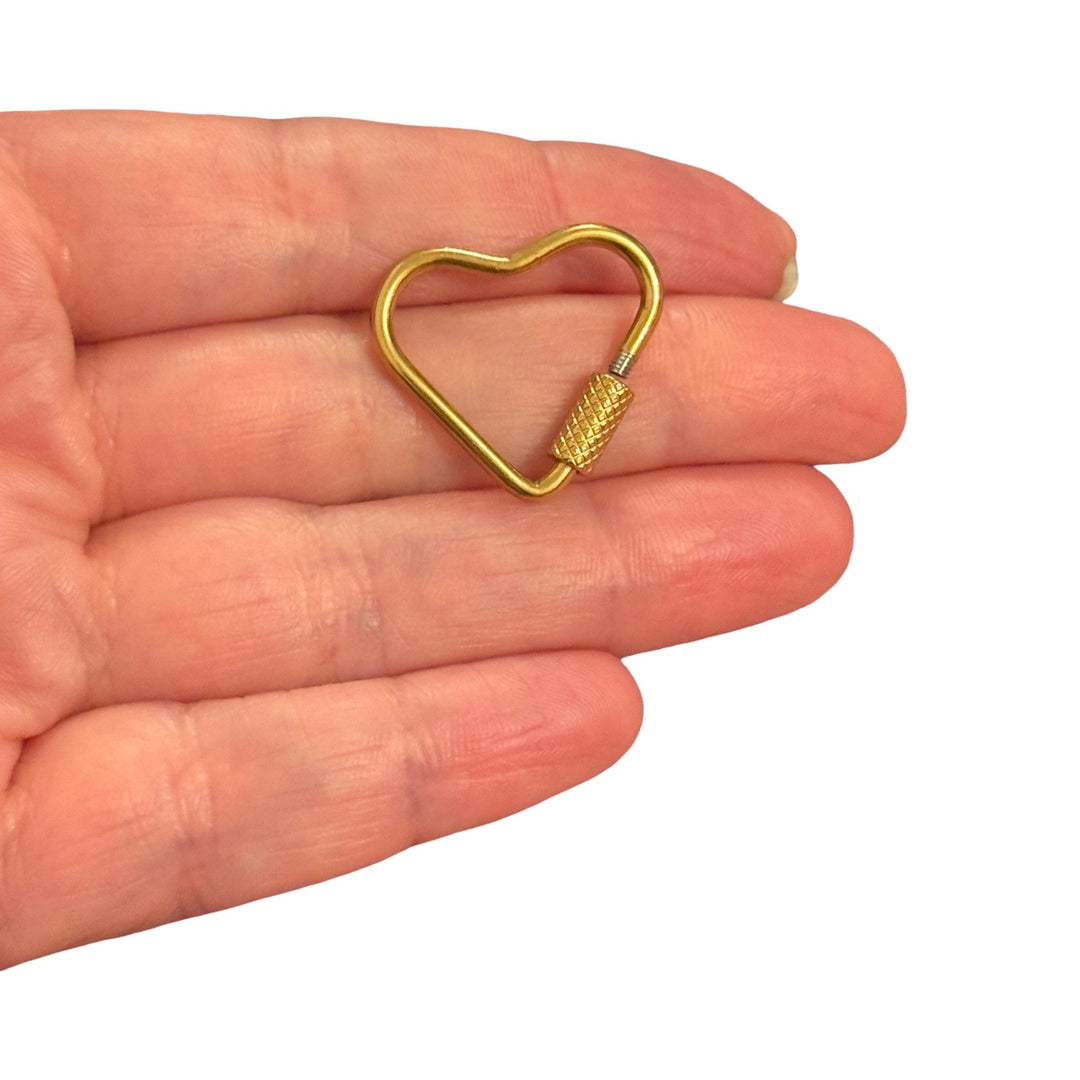 Waterproof 24Kt PVD Gold Plated 316L Stainless Steel Heart Screw Lock Carabiner Clasp Connector – Hypoallergenic Necklace &amp; Bracelet Clasp, 25x22mm