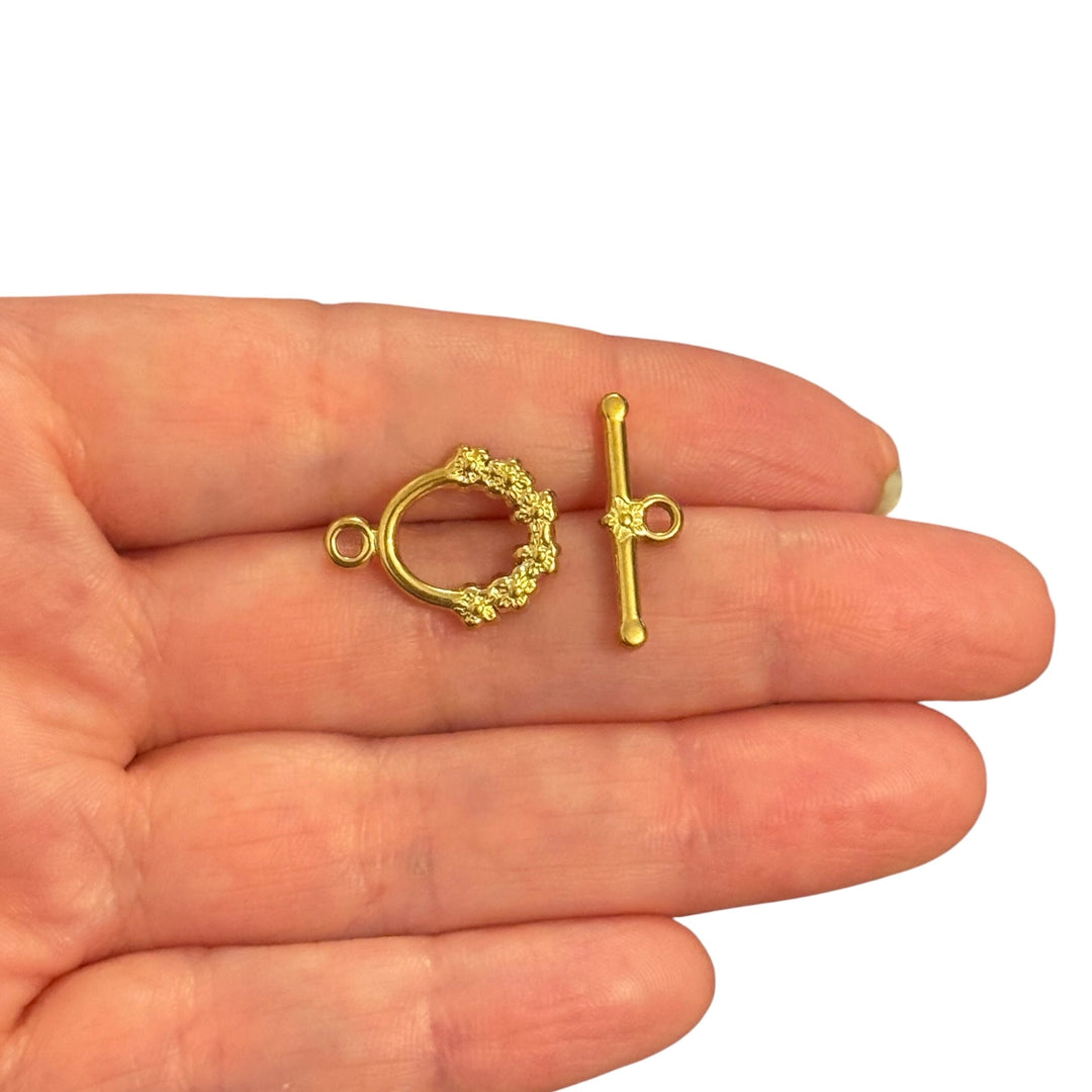 Waterproof 24Kt PVD Gold Plated 316L Stainless Steel Floral Circle Toggle Clasp, Necklace &amp; Bracelet Fastener, 18x14mm