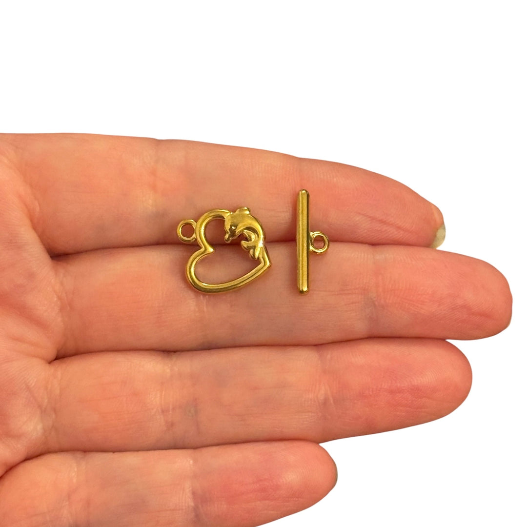 Waterproof 24Kt PVD Gold Plated 316L Stainless Steel Dolphin Heart Toggle Clasp, Decorative Necklace &amp; Bracelet Fastener, 16mm