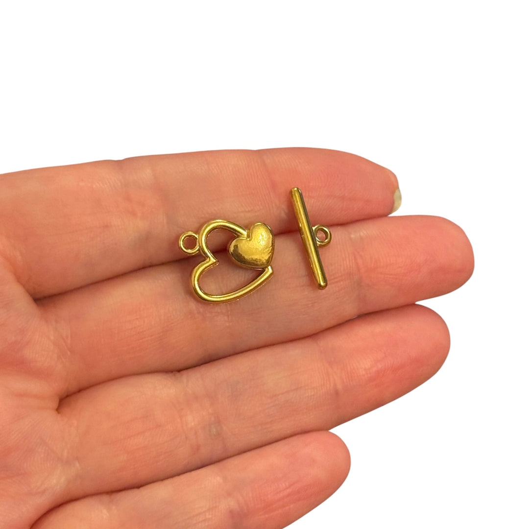 Waterproof 24Kt PVD Gold Plated 316L Stainless Steel Heart Toggle Clasp, Decorative Necklace &amp; Bracelet Fastener, 16mm