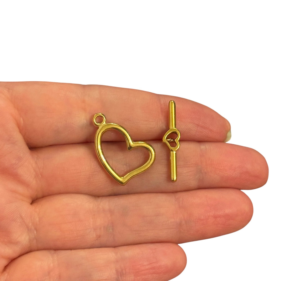 Waterproof 24Kt PVD Gold Plated 316L Stainless Steel Open Heart Toggle Clasp, Decorative Necklace &amp; Bracelet Fastener, 22mm