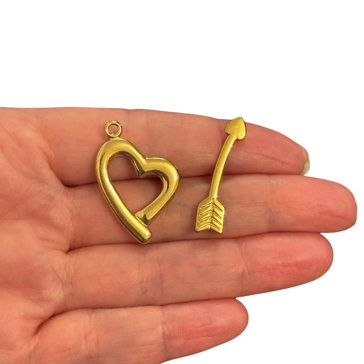 Waterproof 24Kt PVD Gold Plated 316L Stainless Steel Heart Toggle Clasp Set with Arrow, Necklace &amp; Bracelet Fastener, 29x22mm