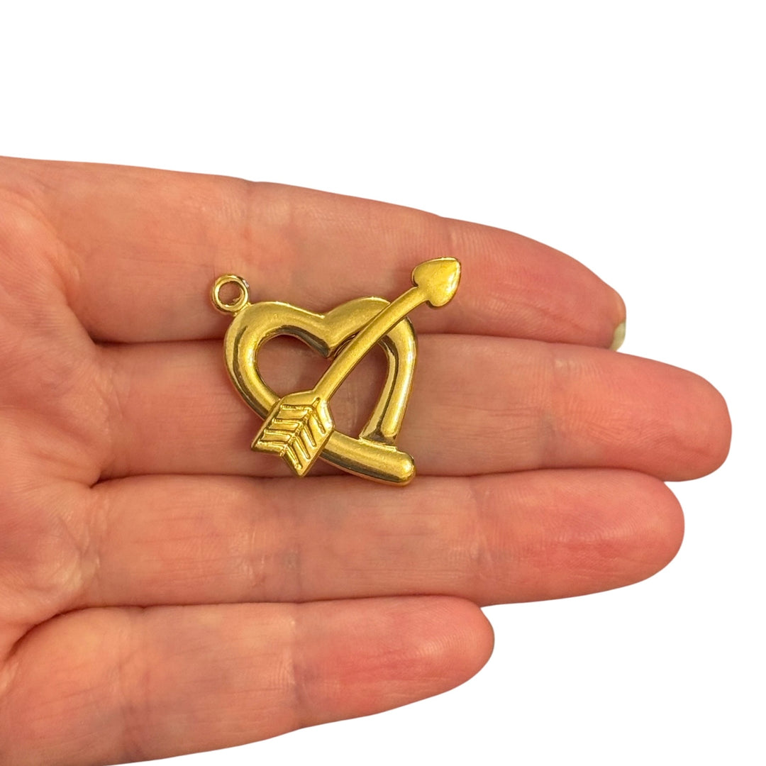 Waterproof 24Kt PVD Gold Plated 316L Stainless Steel Heart Toggle Clasp Set with Arrow, Necklace &amp; Bracelet Fastener, 29x22mm