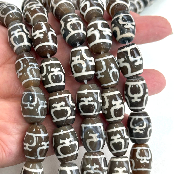 Tibetan Style Dark Brown &amp; White Agate Dzi Oval Beads – 5pcs, Approx. 18x13mm