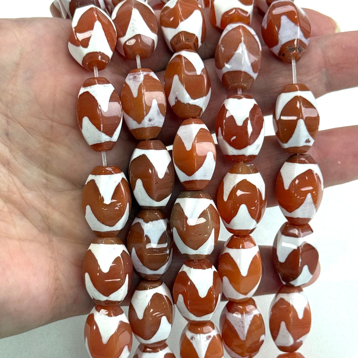 Tibetan Style Red &amp; White Carnelian Agate Dzi Oval Beads – 5 Pcs, 18x12mm, 1.5mm Hole