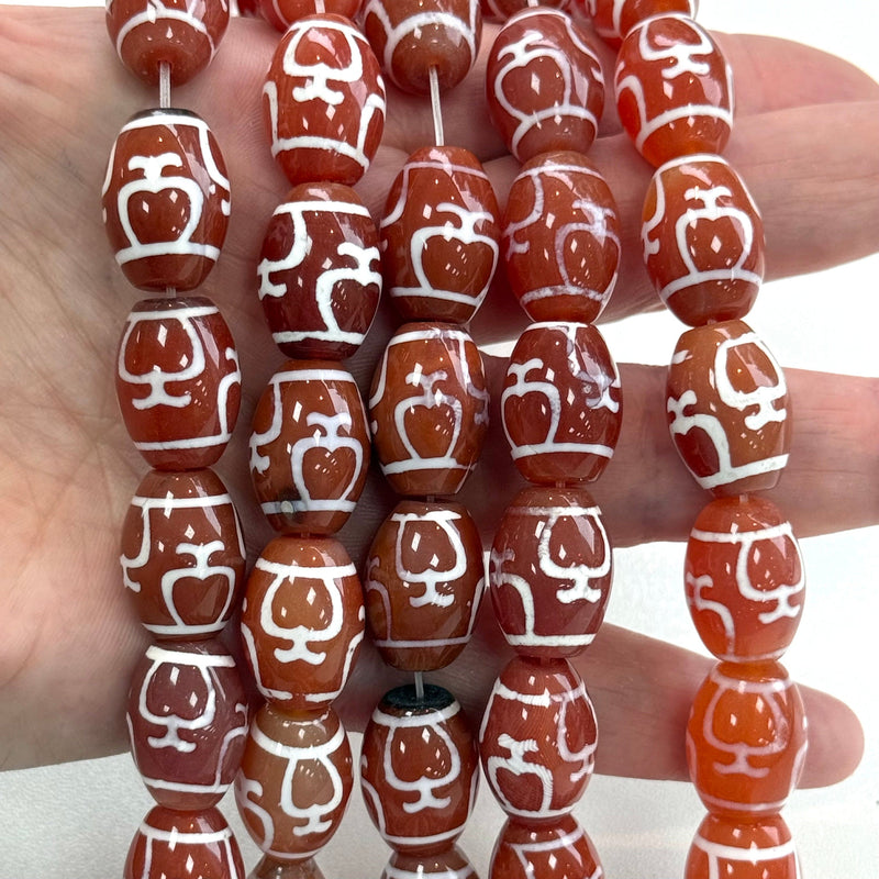 Tibetan Style Red & White Carnelian Agate Dzi Beads – Symbol Motif Oval Beads – 5pcs Pack