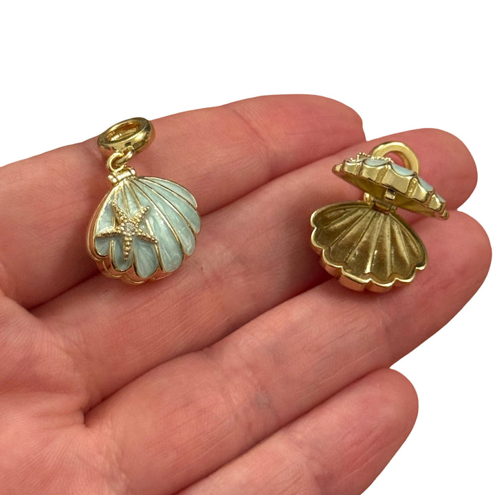 Gold Enamel Locket Shell Pendant with CZ Starfish